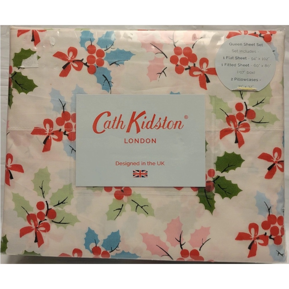 Cath Kidston London 4pc Christmas Holly Multi Queen Sheet Set Winter Fitted Flat